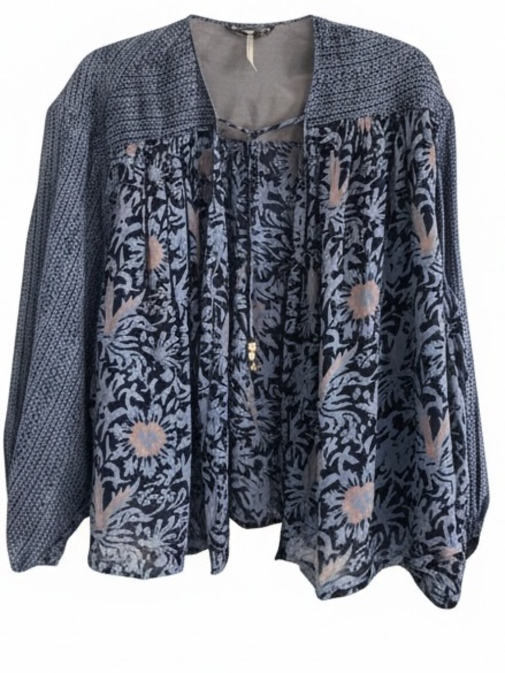 Free People Cropped Duster/Open-Front Peasant Floral Blouse Size Medium
